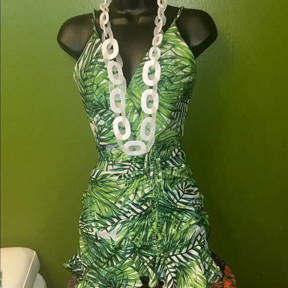 Luxxel Green Leaf Print Dress(adjustable straps) - Picture 3 of 10